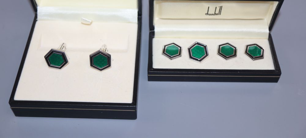 A cased pair of modern Alfred Dunhill silver and enamel hexagonal cufflinks and matching studs.